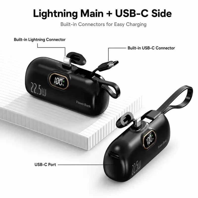 ARTCYBER 5000Mah Mini Battery Power Bank - 22.5W Portable USBC Power Bank with Built-In Cable, USB-C/USB-A Ports, Digital Display, Compact Lightweight Charger for Smartphone, Device Travel Emergency Use, Multi-Charge Accessories