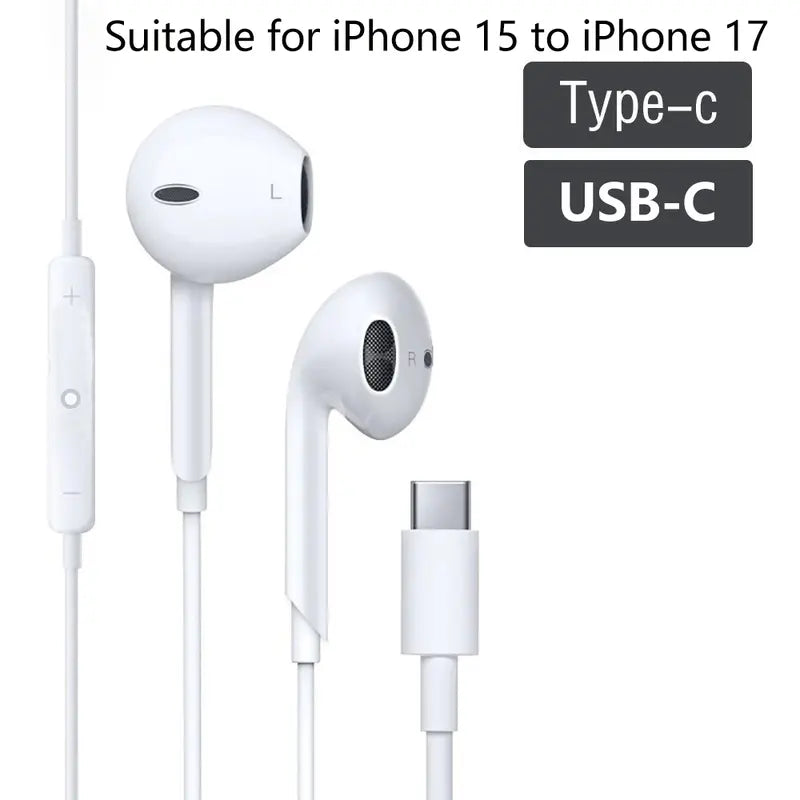 Type C Earbuds Wired Headphones with Mic, Volume Control, Hifi Stereo Audio & Dual Channel Custom Fit, Phone Accessories for Iphone 17/17 Pro/16/15, Samsung S25/S24/S23, Pixel 10/9, Oneplus & USB-C Phones