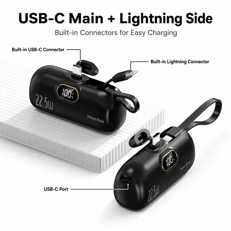 ARTCYBER 5000Mah Mini Battery Power Bank - 22.5W Portable USBC Power Bank with Built-In Cable, USB-C/USB-A Ports, Digital Display, Compact Lightweight Charger for Smartphone, Device Travel Emergency Use, Multi-Charge Accessories