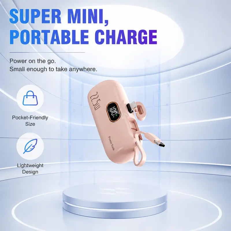 ARTCYBER 5000Mah Mini Battery Power Bank - 22.5W Portable USBC Power Bank with Built-In Cable, USB-C/USB-A Ports, Digital Display, Compact Lightweight Charger for Smartphone, Device Travel Emergency Use, Multi-Charge Accessories