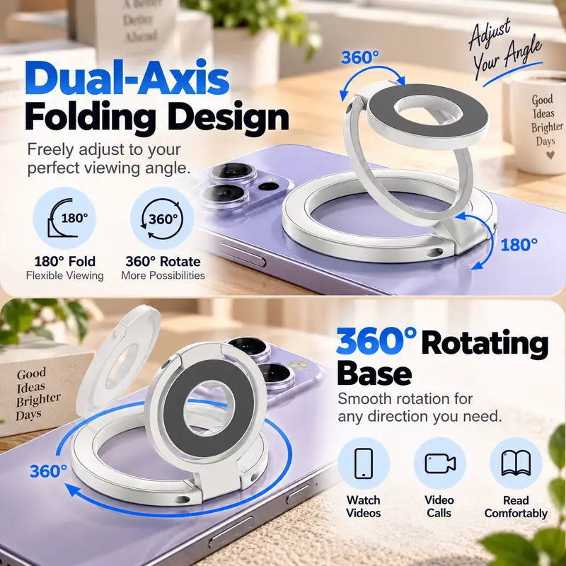 Magnetic Phone Ring Stand, 360° Rotating Foldable Phone Ring Holder, Strong Magnetic Grip Stand, Zinc Alloy Adjustable Finger Ring for Smartphones