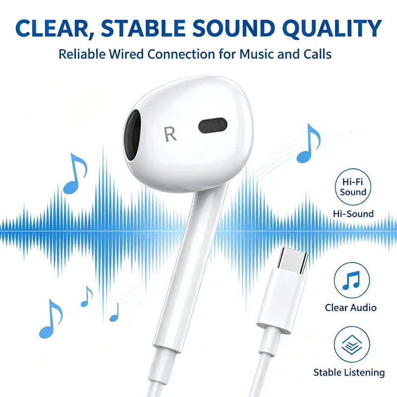 Type C Earbuds Wired Headphones with Mic, Volume Control, Hifi Stereo Audio & Dual Channel Custom Fit, Phone Accessories for Iphone 17/17 Pro/16/15, Samsung S25/S24/S23, Pixel 10/9, Oneplus & USB-C Phones