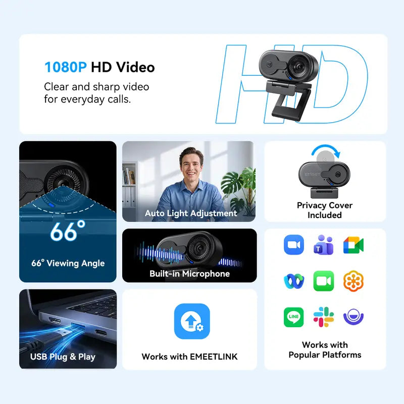 EMEET C100 4K External USB Webcam for PC, Fixed Focus, 66° FOV, Built-In Mic, Privacy Cover, Portable Metal Clip, Computer Camera for Home Office, Online Meetings, Desktop/Laptop USB-A, External Usb Webcams, Tiktokshopbacktoschool, Usb Plug Webcam, Hd