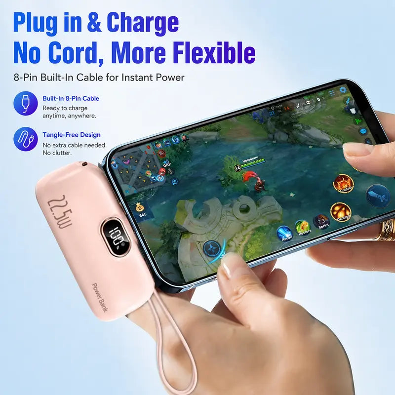ARTCYBER 5000Mah Mini Battery Power Bank - 22.5W Portable USBC Power Bank with Built-In Cable, USB-C/USB-A Ports, Digital Display, Compact Lightweight Charger for Smartphone, Device Travel Emergency Use, Multi-Charge Accessories