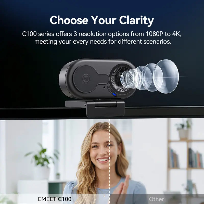 EMEET C100 4K External USB Webcam for PC, Fixed Focus, 66° FOV, Built-In Mic, Privacy Cover, Portable Metal Clip, Computer Camera for Home Office, Online Meetings, Desktop/Laptop USB-A, External Usb Webcams, Tiktokshopbacktoschool, Usb Plug Webcam, Hd