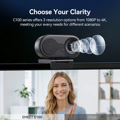 EMEET C100 4K External USB Webcam for PC, Fixed Focus, 66° FOV, Built-In Mic, Privacy Cover, Portable Metal Clip, Computer Camera for Home Office, Online Meetings, Desktop/Laptop USB-A, External Usb Webcams, Tiktokshopbacktoschool, Usb Plug Webcam, Hd