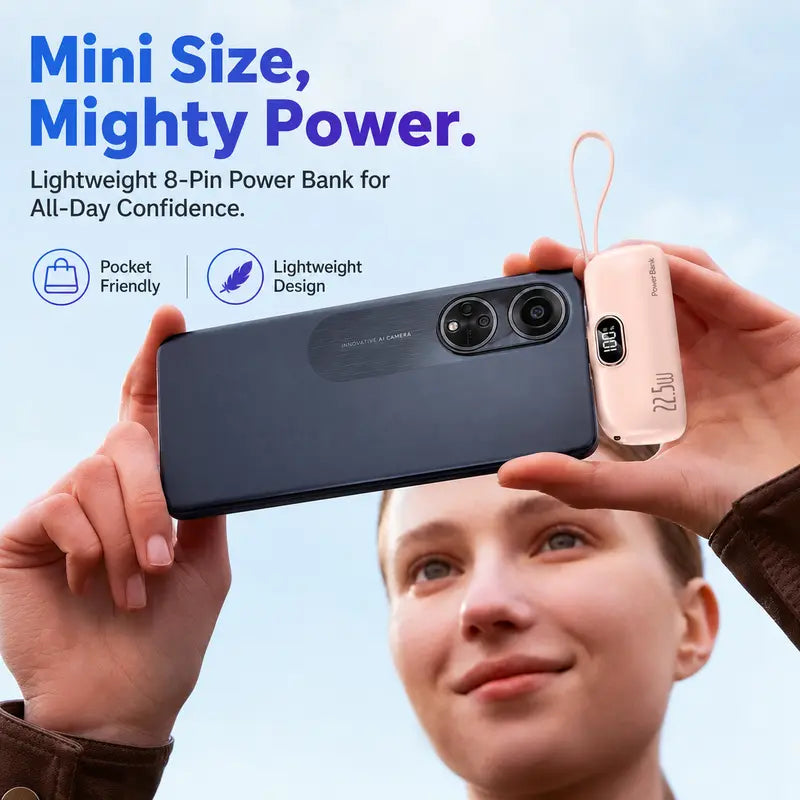 ARTCYBER 5000Mah Mini Battery Power Bank - 22.5W Portable USBC Power Bank with Built-In Cable, USB-C/USB-A Ports, Digital Display, Compact Lightweight Charger for Smartphone, Device Travel Emergency Use, Multi-Charge Accessories