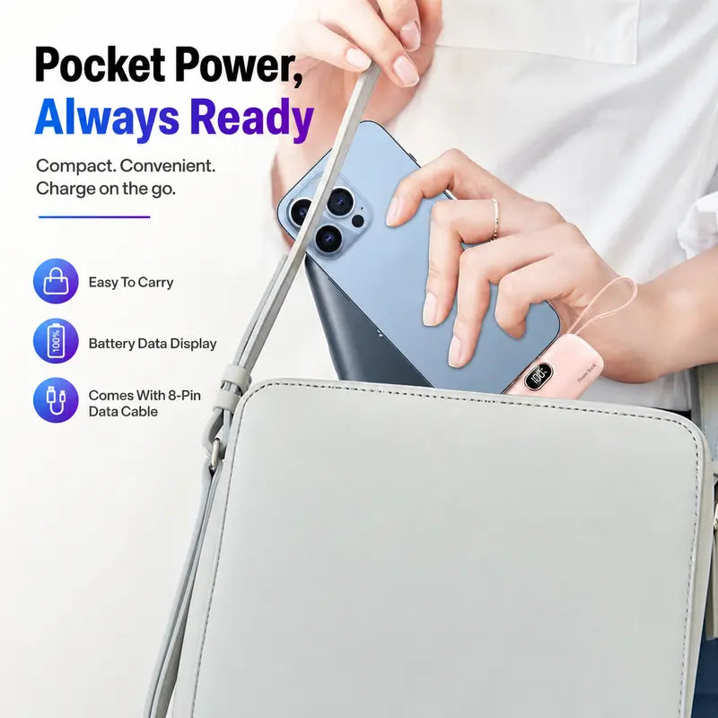 ARTCYBER 5000Mah Mini Battery Power Bank - 22.5W Portable USBC Power Bank with Built-In Cable, USB-C/USB-A Ports, Digital Display, Compact Lightweight Charger for Smartphone, Device Travel Emergency Use, Multi-Charge Accessories