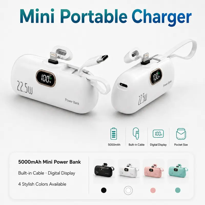 ARTCYBER 5000Mah Mini Battery Power Bank - 22.5W Portable USBC Power Bank with Built-In Cable, USB-C/USB-A Ports, Digital Display, Compact Lightweight Charger for Smartphone, Device Travel Emergency Use, Multi-Charge Accessories