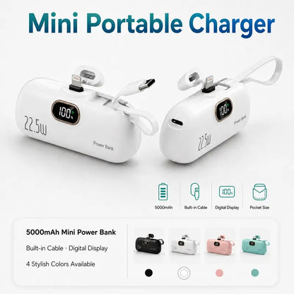 ARTCYBER 5000Mah Mini Battery Power Bank - 22.5W Portable USBC Power Bank with Built-In Cable, USB-C/USB-A Ports, Digital Display, Compact Lightweight Charger for Smartphone, Device Travel Emergency Use, Multi-Charge Accessories