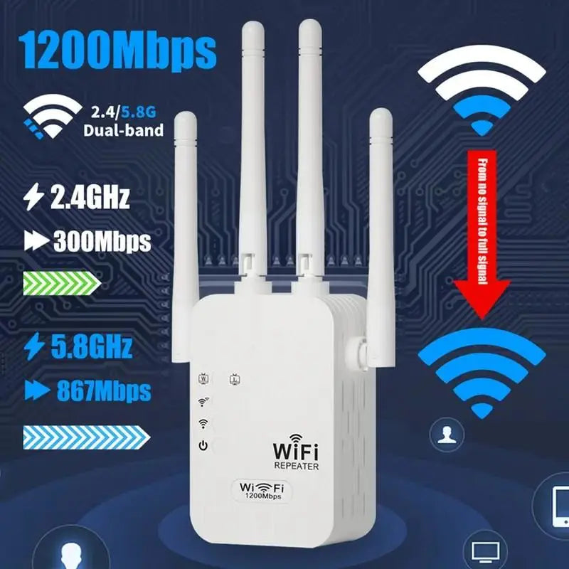 Wifi Range Extender 2026, 4-Antenna 1200Mbps Dual Band (2.4Ghz) Device with Easy Setup, Ethernet Port, 10,000 Sq. Ft Wide Coverage, Advanced Security Protection, Ideal for Home Studios, Remote Workspaces