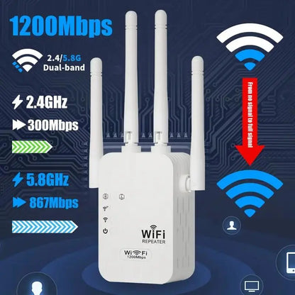 Wifi Range Extender 2026, 4-Antenna 1200Mbps Dual Band (2.4Ghz) Device with Easy Setup, Ethernet Port, 10,000 Sq. Ft Wide Coverage, Advanced Security Protection, Ideal for Home Studios, Remote Workspaces