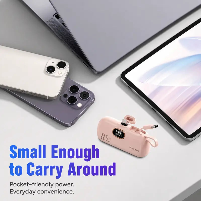 ARTCYBER 5000Mah Mini Battery Power Bank - 22.5W Portable USBC Power Bank with Built-In Cable, USB-C/USB-A Ports, Digital Display, Compact Lightweight Charger for Smartphone, Device Travel Emergency Use, Multi-Charge Accessories