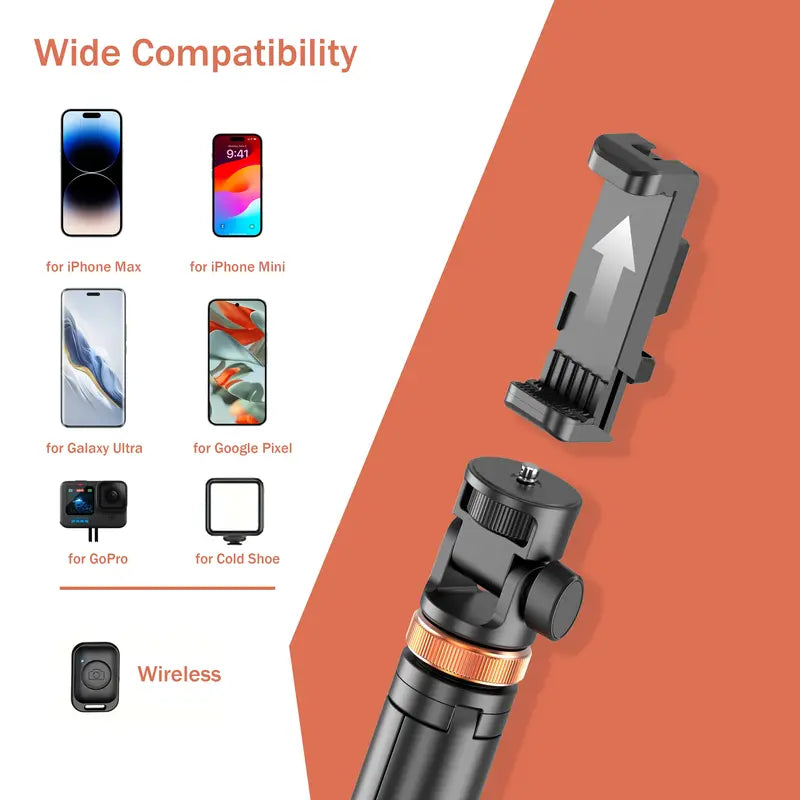 61-In Aluminium Smartphone Selfie Stick with Wireless Remote Ctrl, Upgraded Stable Tripod Stand, Nylon6/6 Phone Holder - Vlogging Equipment for Iphone 17/16/15/14/13 & Cellphones, Travel Use, Manufacturer Warranty,Techvibes