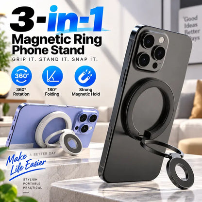 Magnetic Phone Ring Stand, 360° Rotating Foldable Phone Ring Holder, Strong Magnetic Grip Stand, Zinc Alloy Adjustable Finger Ring for Smartphones
