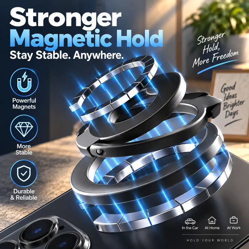 Magnetic Phone Ring Stand, 360° Rotating Foldable Phone Ring Holder, Strong Magnetic Grip Stand, Zinc Alloy Adjustable Finger Ring for Smartphones