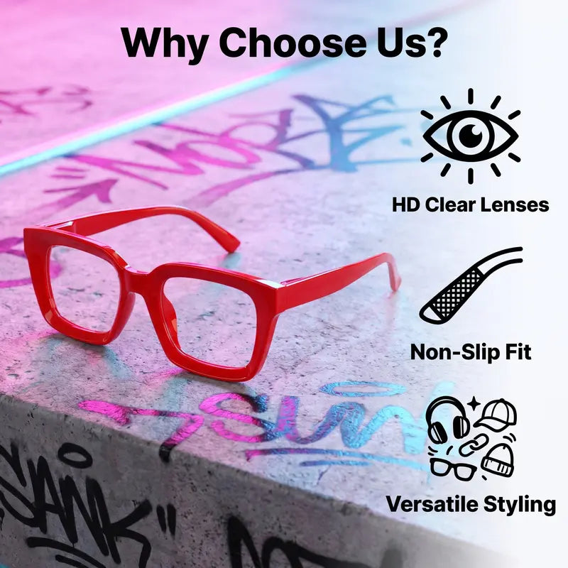 Thick Frame Square Fashion Eyeglasses, HD Clear Non-Prescription Glasses, 5 Vibrant Colors