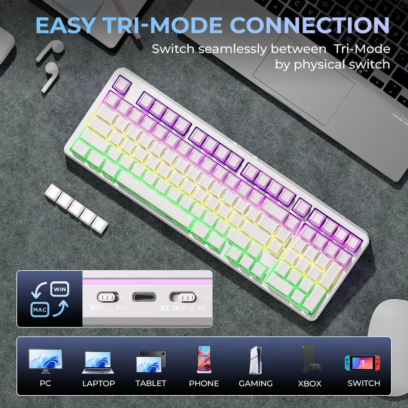 XVX M98 Lumina Full-Size Mechanical Input Keyboard with Number Pad, Tri-Mode (Bt5.0-2.4Ghz-Usb-C) Keys, Pre-Lubed Hot Swappable Switches, Gasket Mount Structure, 8000Mah Battery, ARGB Backlit, Creamy Design, Keyboards for Work & Gaming, for Pcs/Macs,Techv