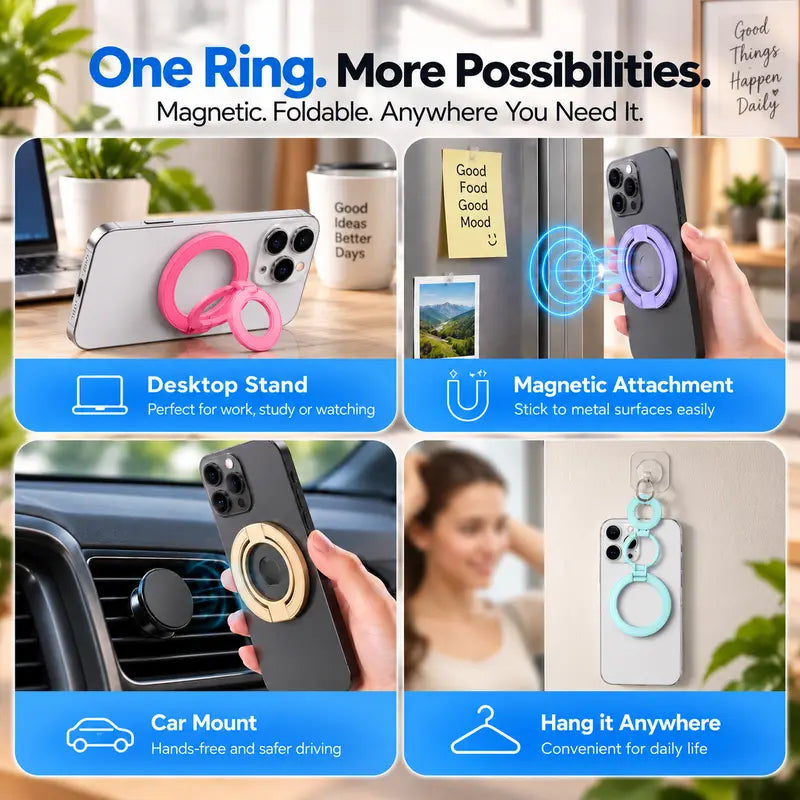 Magnetic Phone Ring Stand, 360° Rotating Foldable Phone Ring Holder, Strong Magnetic Grip Stand, Zinc Alloy Adjustable Finger Ring for Smartphones