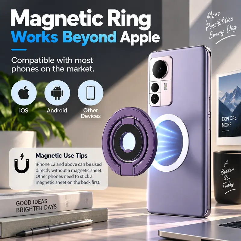 Magnetic Phone Ring Stand, 360° Rotating Foldable Phone Ring Holder, Strong Magnetic Grip Stand, Zinc Alloy Adjustable Finger Ring for Smartphones